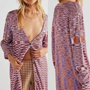 Free People Into the Night Striped Longline Tunic Buttoned Cardigan Small